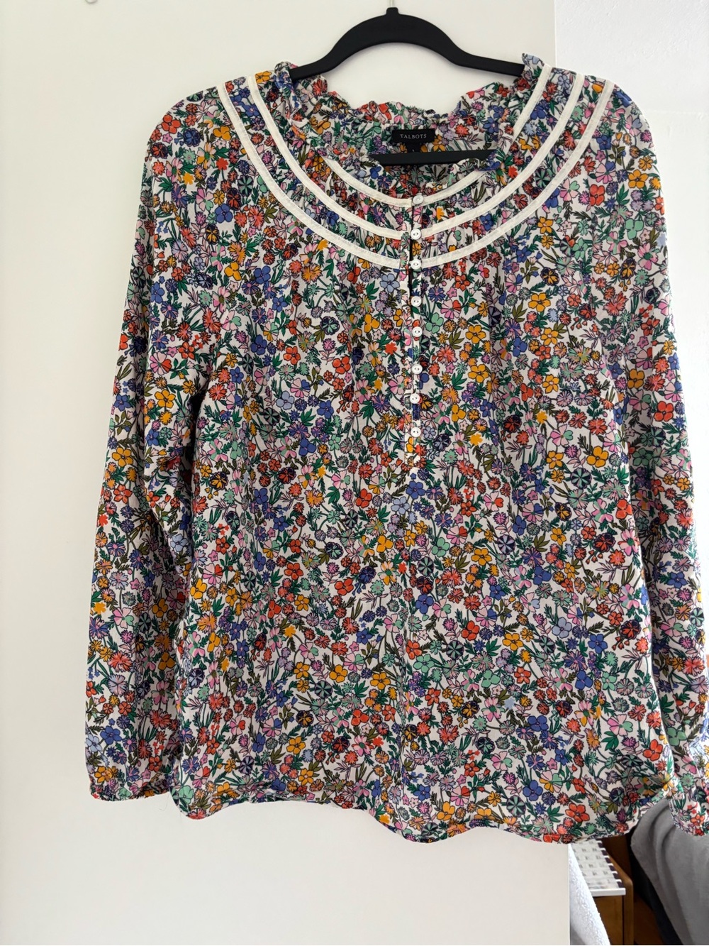 Talbots Multicolor Floral Ruffle-Neck Long Sleeve Blouse